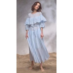 16 Hours Clothing Linen Tales Fantasia 100% Linen Blue Puff Sleeve Dress Women's